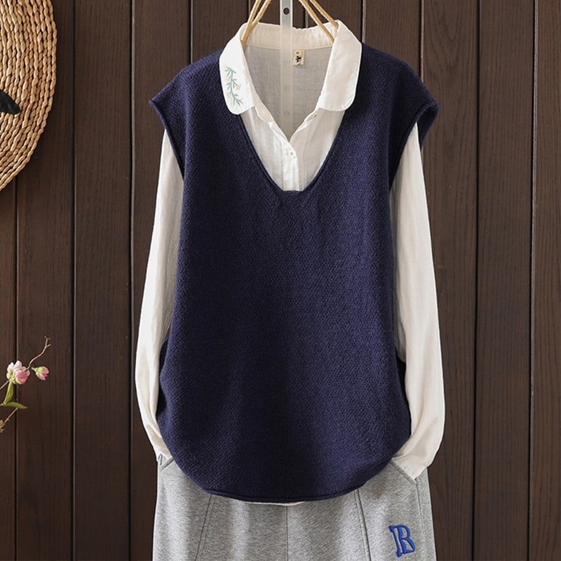 Γυναικείο πλεκτό γιλέκο - V-λαιμόκοψη, χωρίς μανίκια, χαλαρή γραμμή, ανάμειξη πολυεστέρα/νάιλον (Άνοιξη 2024)