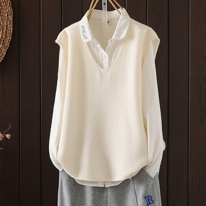 Γυναικείο πλεκτό γιλέκο - V-λαιμόκοψη, χωρίς μανίκια, χαλαρή γραμμή, ανάμειξη πολυεστέρα/νάιλον (Άνοιξη 2024)