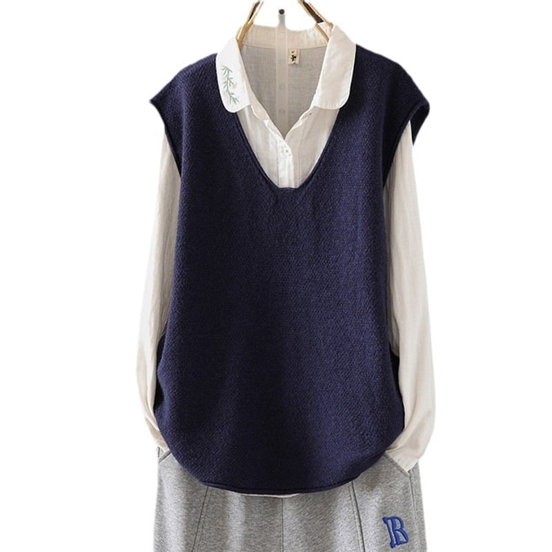 Γυναικείο πλεκτό γιλέκο - V-λαιμόκοψη, χωρίς μανίκια, χαλαρή γραμμή, ανάμειξη πολυεστέρα/νάιλον (Άνοιξη 2024)