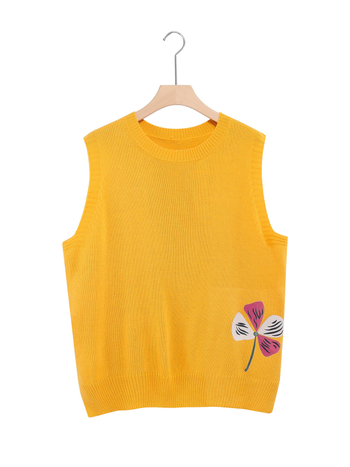 Плетен жилет - жакардов мотив с цветя, полиестер ≥95%, кръгло деколте, средна дебелина