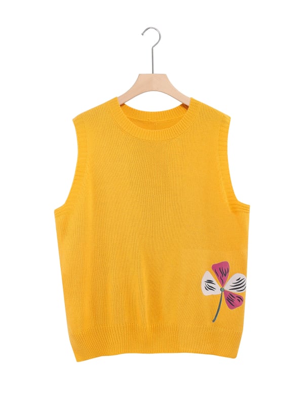 Плетен жилет - жакардов мотив с цветя, полиестер ≥95%, кръгло деколте, средна дебелина