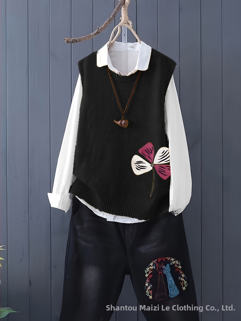 Плетен жилет - жакардов мотив с цветя, полиестер ≥95%, кръгло деколте, средна дебелина