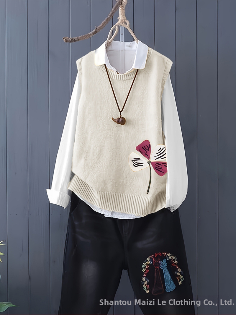 Плетен жилет - жакардов мотив с цветя, полиестер ≥95%, кръгло деколте, средна дебелина