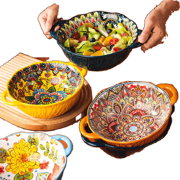 Bohemiško stiliaus porcelininis dubenėlis su dviem rankenėlėm, gėlių raštas, apvalus, retro stilius