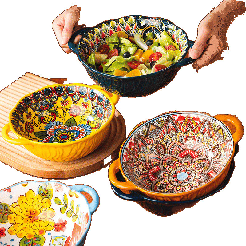 Bohemiško stiliaus porcelininis dubenėlis su dviem rankenėlėm, gėlių raštas, apvalus, retro stilius