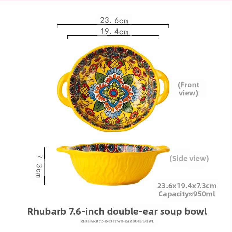 Bohemiško stiliaus porcelininis dubenėlis su dviem rankenėlėm, gėlių raštas, apvalus, retro stilius