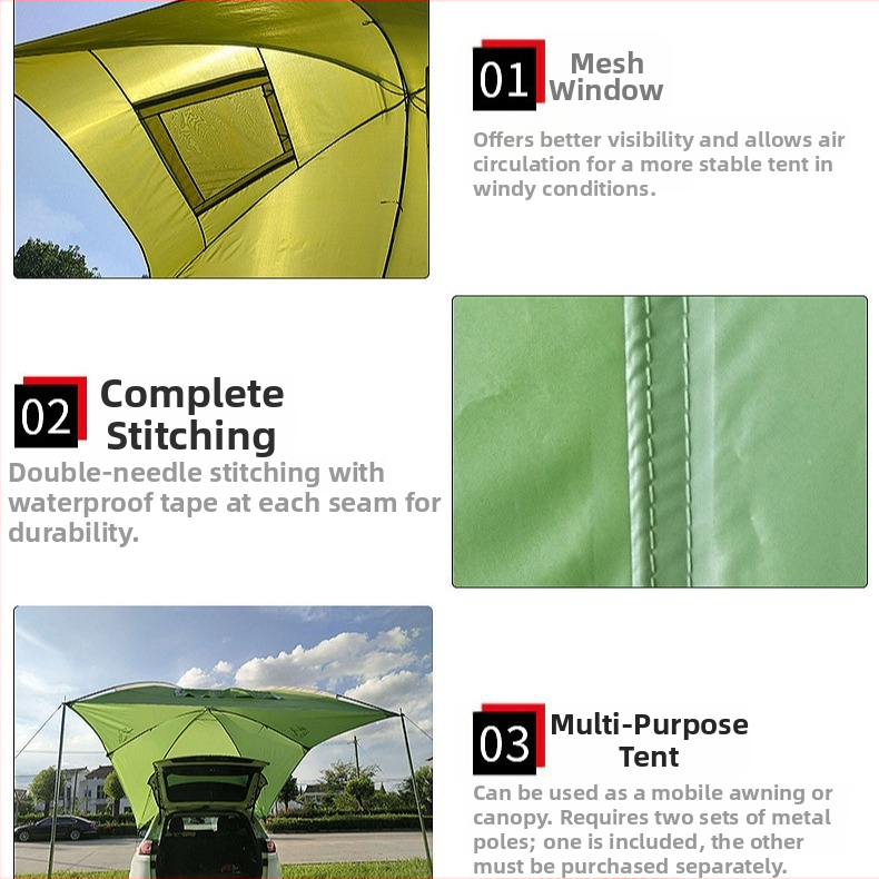 Преносима странична палатка за автомобил, полиестерна външна тъкан, стъкловлакнести пръчки, водоустойчива до 1500–2000 мм, тегло около 2,7 кг
