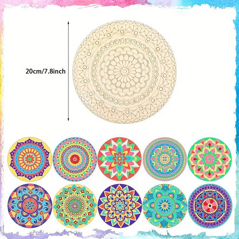 Djeci DIY drveni set za crtanje s mandalom podlogom za čašu – borovo drvo, drveni materijal, moderan minimalistički stil