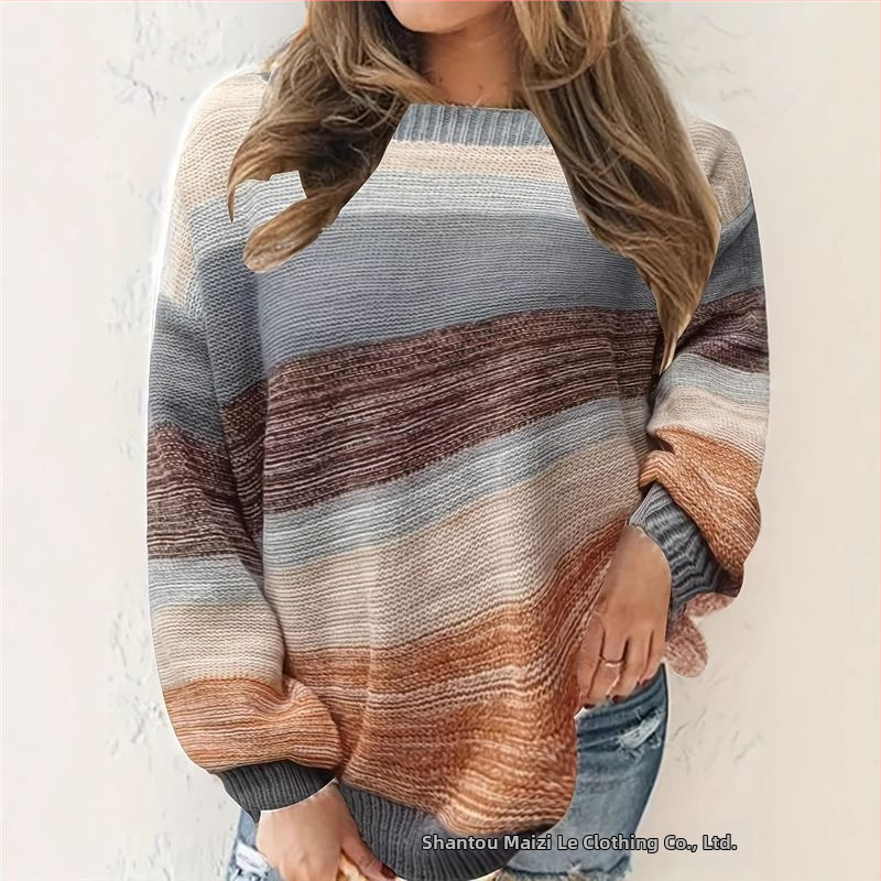 Пуловер за жени от плетиво с райета и блоков дизайн, полиестер жакард, кръгло деколте, дълги ръкави, свободен силует, есен 2024