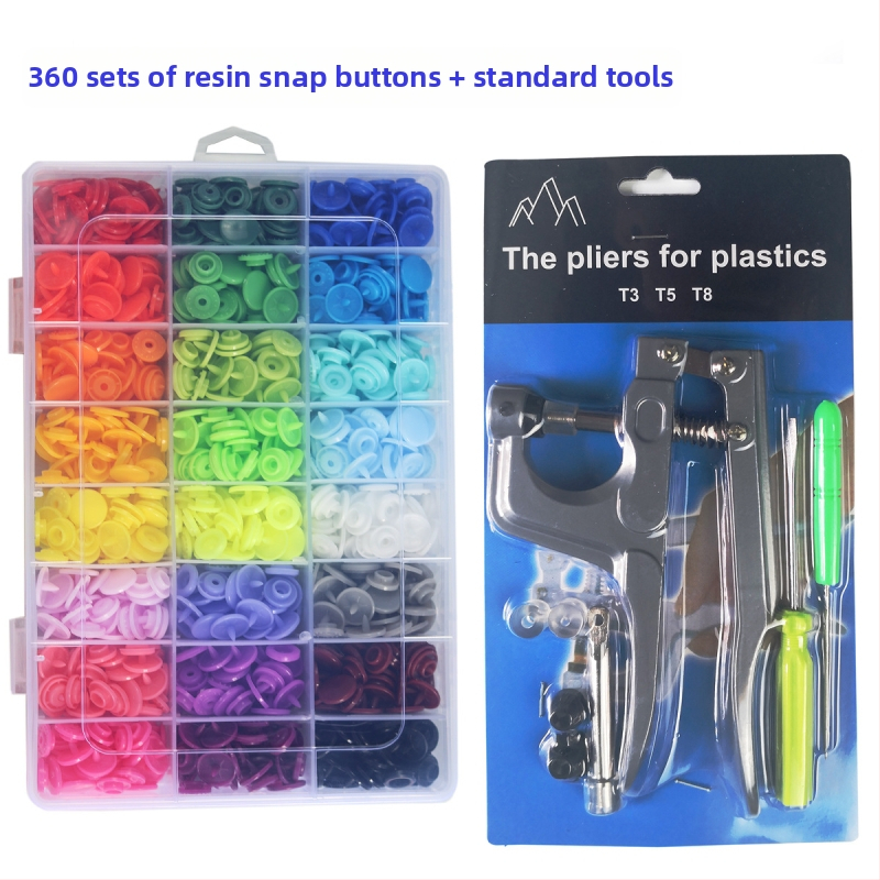 Σετ T5 από ρητίνη με snap κουμπιά, τετραπλό κλείσιμο, σε κουτί, με κιτ εργαλείων, κατάλληλο για πλεκτά, σετ 360 και 150 τεμάχια