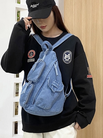 Denim ruksak sa srcolikim oblikom, zatvarač, više džepova, džep za telefon