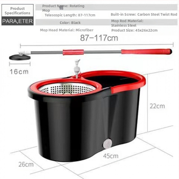 Σετ κάδου για σφουγγάρισμα με περιστρεφόμενο μηχανισμό στύψιμο, πανί από μικροϊνές, ράβδος από ανοξείδωτο ατσάλι, απόστραγγιση 50–60%, ικανότητα φόρτωσης κάτω από 10 kg