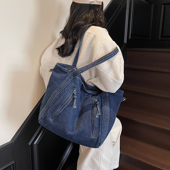 Džins torbica za žene — tote stil, vodoravni kvadratni oblik, zatvarač, poliester podstava