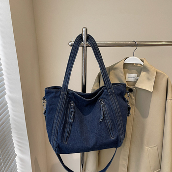 Džins torbica za žene — tote stil, vodoravni kvadratni oblik, zatvarač, poliester podstava