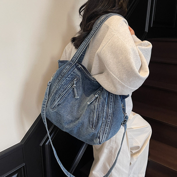 Džins torbica za žene — tote stil, vodoravni kvadratni oblik, zatvarač, poliester podstava