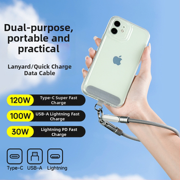 Телефонен заряден кабел с каишка 2-в-1, удължено предаване, 1-4 конектора, тъкана конструкция, 120W макс