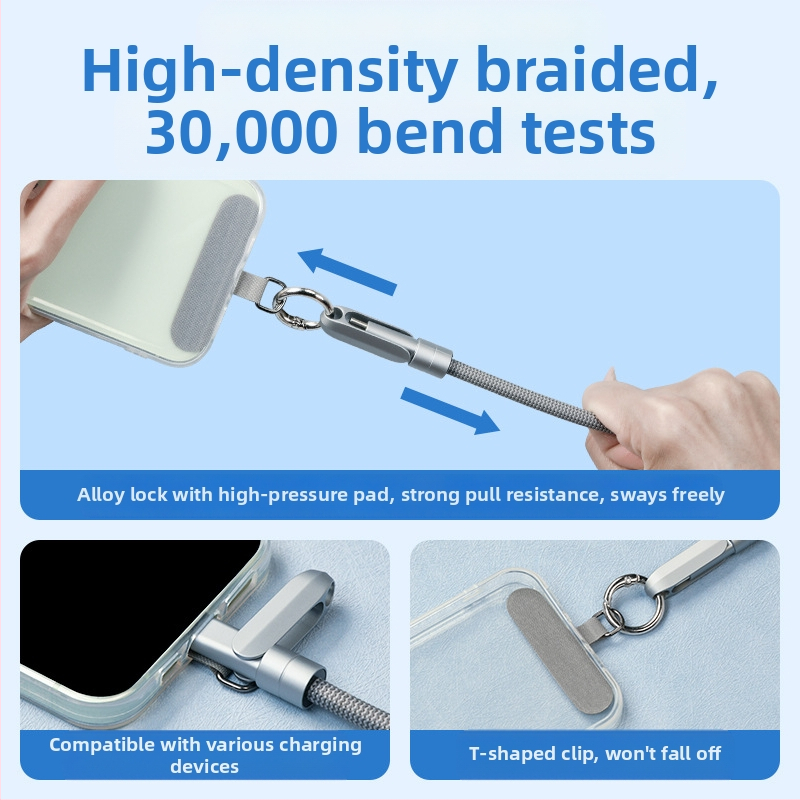 Телефонен заряден кабел с каишка 2-в-1, удължено предаване, 1-4 конектора, тъкана конструкция, 120W макс