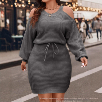 Off-Shoulder šnurovacie svetrové šaty, dlhé rukávy, voľný strih (zmes akrilu a polyesteru; bez goliera; pulóver; dlhé rukávy; voľný strih)