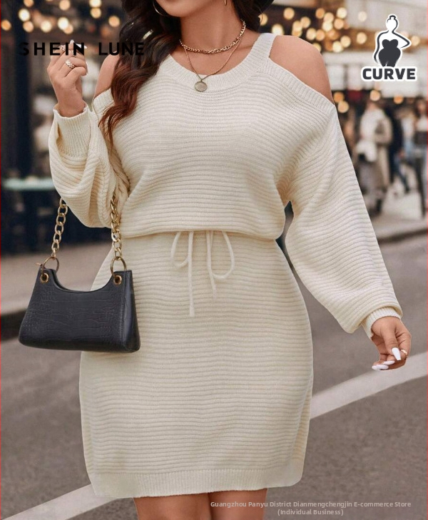 Off-Shoulder šnurovacie svetrové šaty, dlhé rukávy, voľný strih (zmes akrilu a polyesteru; bez goliera; pulóver; dlhé rukávy; voľný strih)