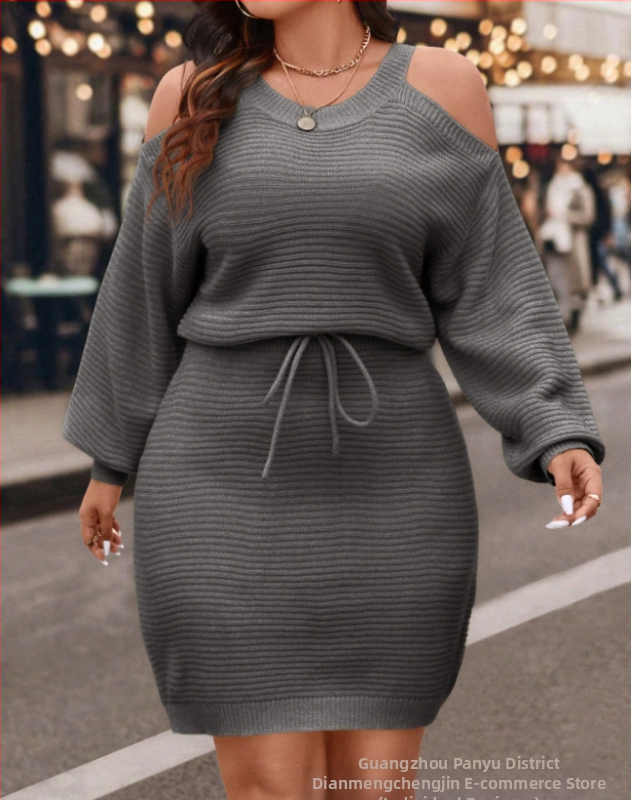 Off-Shoulder šnurovacie svetrové šaty, dlhé rukávy, voľný strih (zmes akrilu a polyesteru; bez goliera; pulóver; dlhé rukávy; voľný strih)