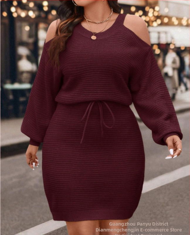 Off-Shoulder šnurovacie svetrové šaty, dlhé rukávy, voľný strih (zmes akrilu a polyesteru; bez goliera; pulóver; dlhé rukávy; voľný strih)