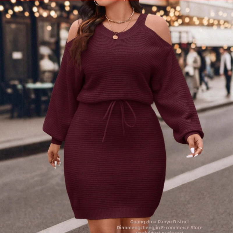 Off-Shoulder šnurovacie svetrové šaty, dlhé rukávy, voľný strih (zmes akrilu a polyesteru; bez goliera; pulóver; dlhé rukávy; voľný strih)