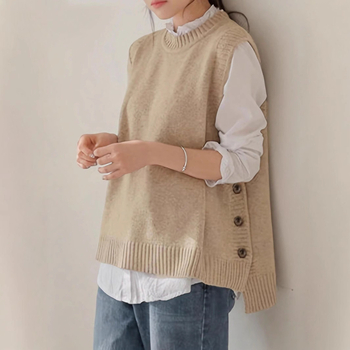 Ženski pleteni bezrukavni džemper-vest s okruglim izrezom, opušteni kroj, srednja duljina, viskozni materijal