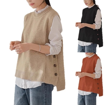 Ženski pleteni bezrukavni džemper-vest s okruglim izrezom, opušteni kroj, srednja duljina, viskozni materijal