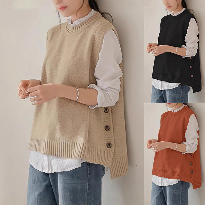 Ženski pleteni bezrukavni džemper-vest s okruglim izrezom, opušteni kroj, srednja duljina, viskozni materijal