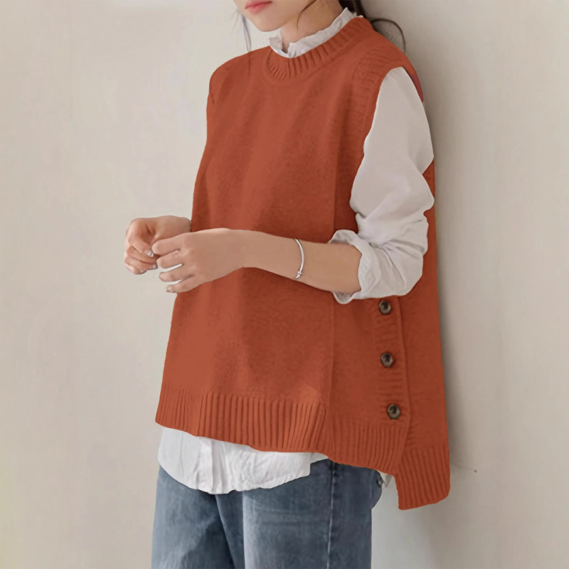 Ženski pleteni bezrukavni džemper-vest s okruglim izrezom, opušteni kroj, srednja duljina, viskozni materijal