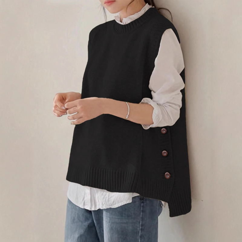 Ženski pleteni bezrukavni džemper-vest s okruglim izrezom, opušteni kroj, srednja duljina, viskozni materijal