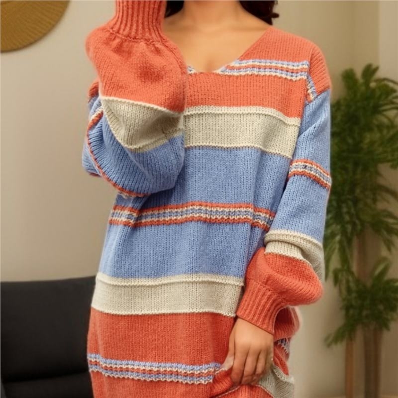 Ženska pletene haljine s prugama, dugi rukavi, V izrez, jacquard uzorak, poliester, srednja duljina