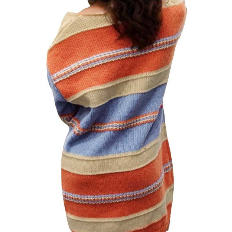 Ženska pletene haljine s prugama, dugi rukavi, V izrez, jacquard uzorak, poliester, srednja duljina