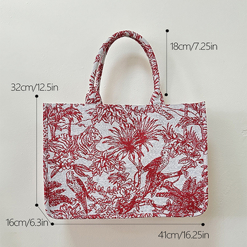 Ženska tote torba s vezom; materijal: pamuk i lan; podstava: poliester; oblik: vertikalni kvadrat; unutarnji džepovi: džep na zip i džep za telefon; naramenice: dvostruke drške