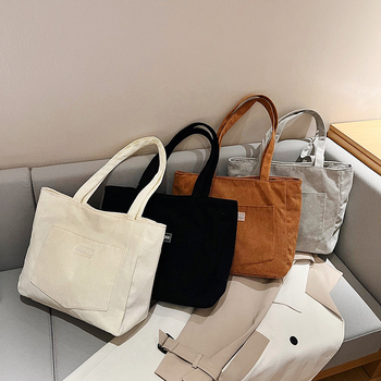 Corduroy tote torba, ulični stil, horizontalni kvadratni oblik, magnetska kopča