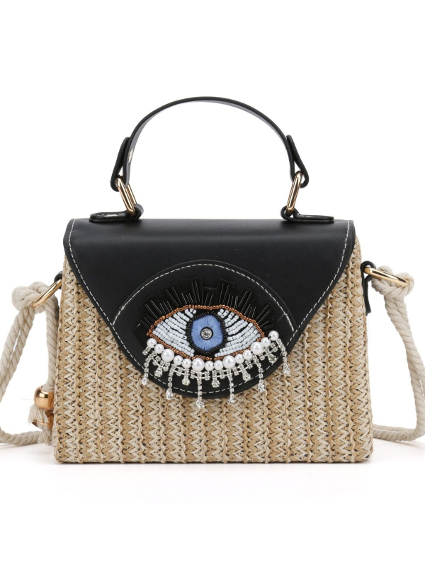 Szalmából készült válltáska – horizontális négyszögletes alak, poliészter bélés, záródás fedett, belső zseb a telefon számára, egyvállú vállpánt