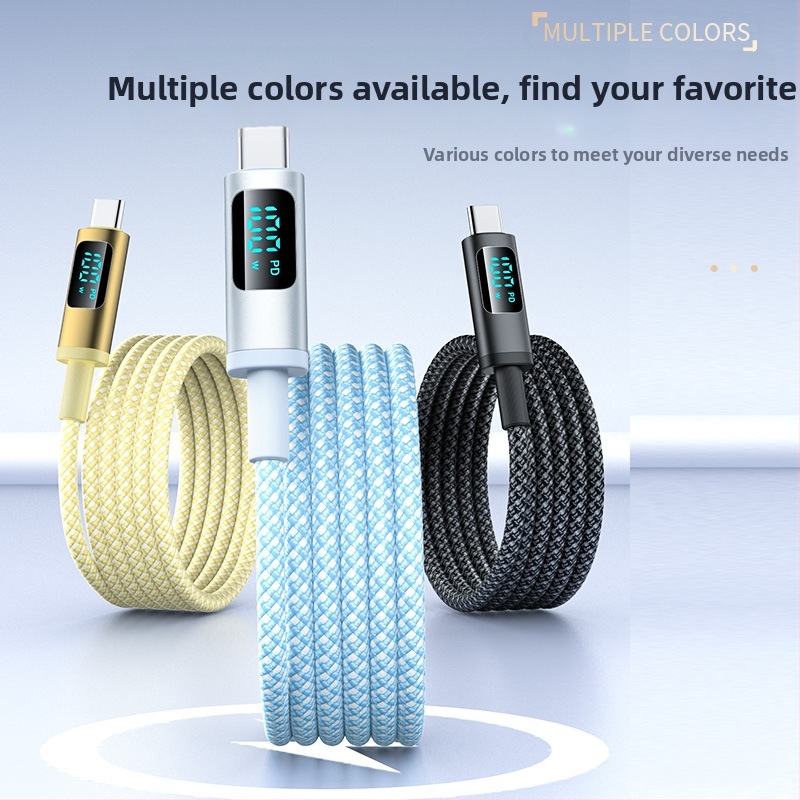 hc USB-C PD кабел за бързо зареждане с цифров дисплей, 100W, плетен кабел, единичен конектор