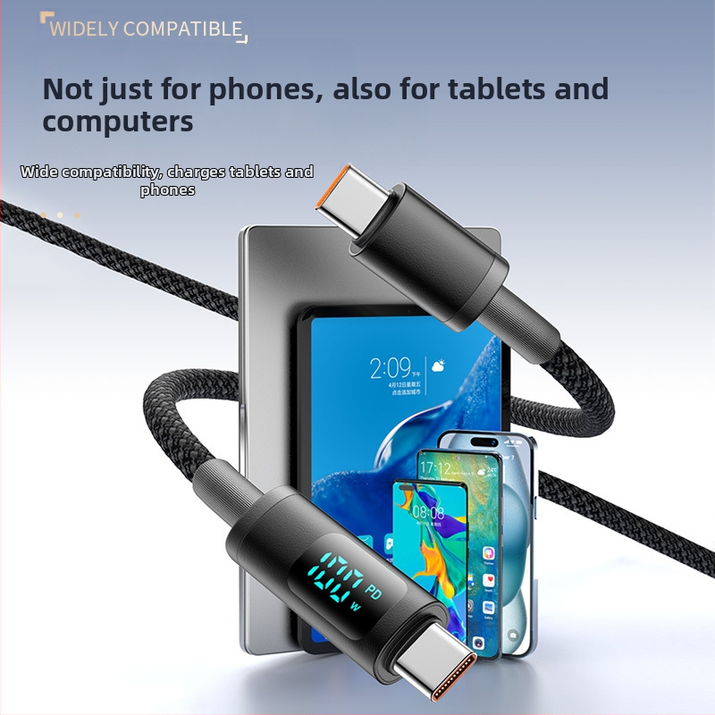 hc USB-C PD кабел за бързо зареждане с цифров дисплей, 100W, плетен кабел, единичен конектор