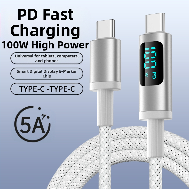 hc USB-C PD kábel pre rýchle nabíjanie s digitálnym displejom, 100W, pletený kábel, USB-C konektor s jednou hlavou