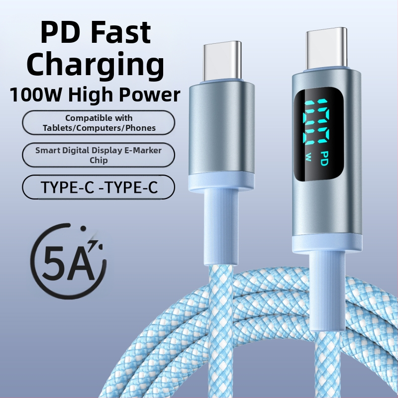 hc USB-C PD kábel pre rýchle nabíjanie s digitálnym displejom, 100W, pletený kábel, USB-C konektor s jednou hlavou