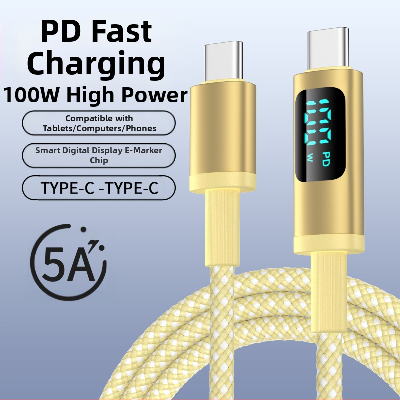 hc USB-C PD kábel pre rýchle nabíjanie s digitálnym displejom, 100W, pletený kábel, USB-C konektor s jednou hlavou