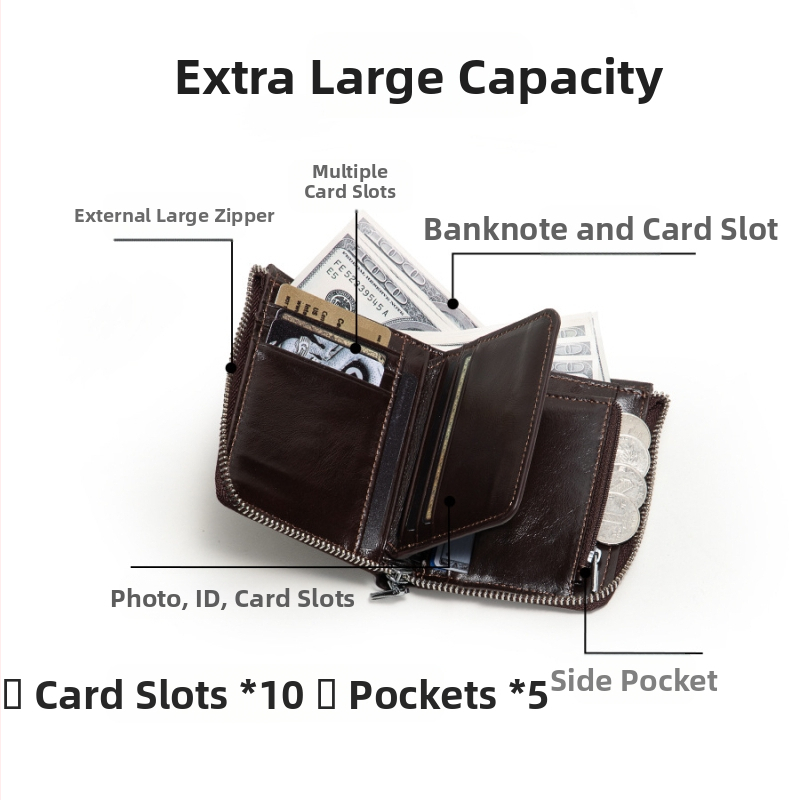 Peňaženka z pravej kože, prvá vrstva hovädzej kože, podšívka hovädzej kože, mestský jednoduchý štýl, funkcia proti krádeži