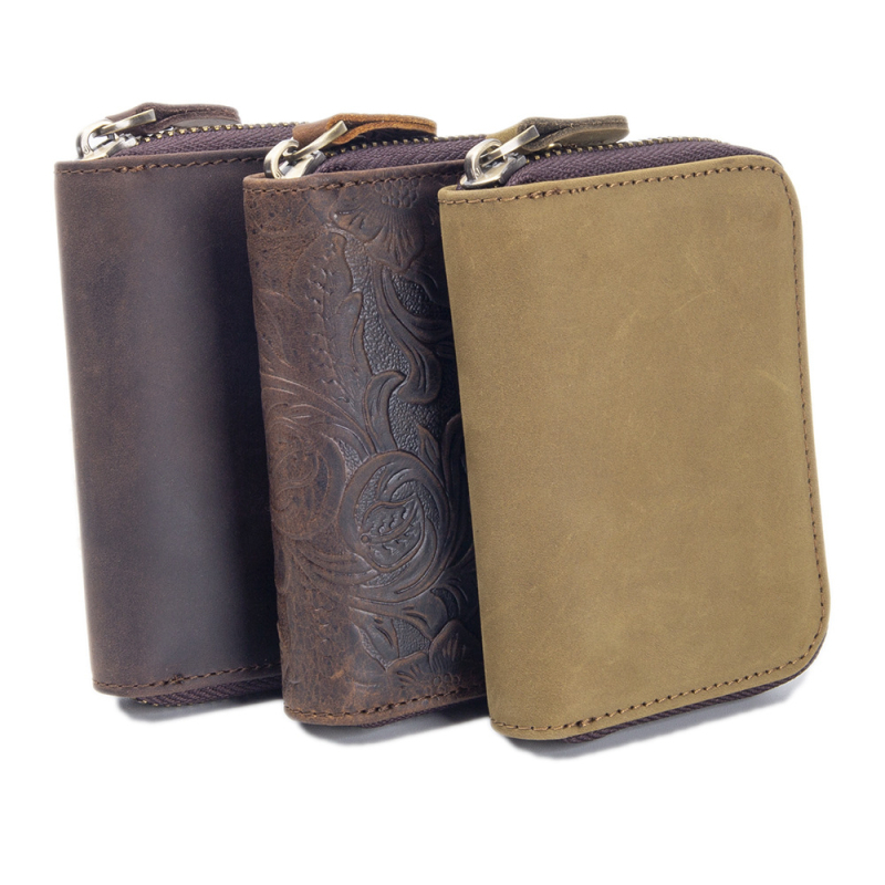 Unisex akordeoninis kortelių dėklas, tikra oda, pirmojo sluoksnio karvių odos, užtrauktukas