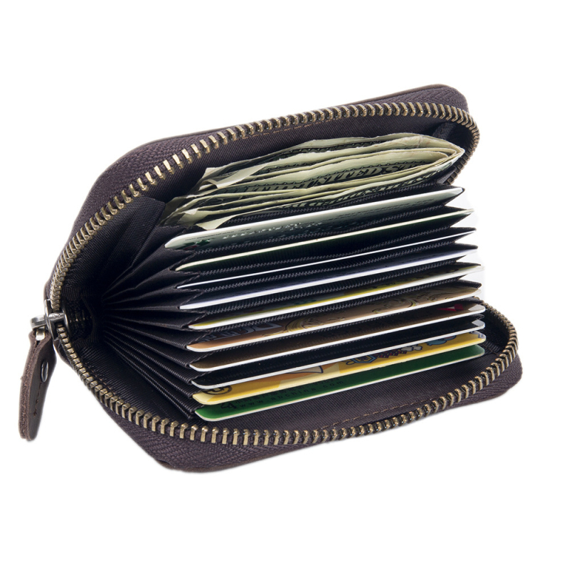 Unisex akordeoninis kortelių dėklas, tikra oda, pirmojo sluoksnio karvių odos, užtrauktukas