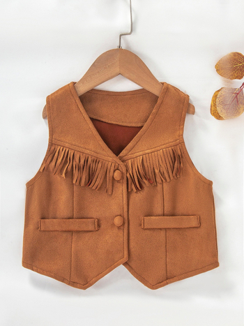 Παιδικό γιλέκο χωρίς μανίκια, σε στυλ καρντιγκάν, καλλιτεχνικό εθνοτικό ύφος, ευρύχωρη γραμμή, ύφασμα πολυεστέρα 100%, μονόχρωμο