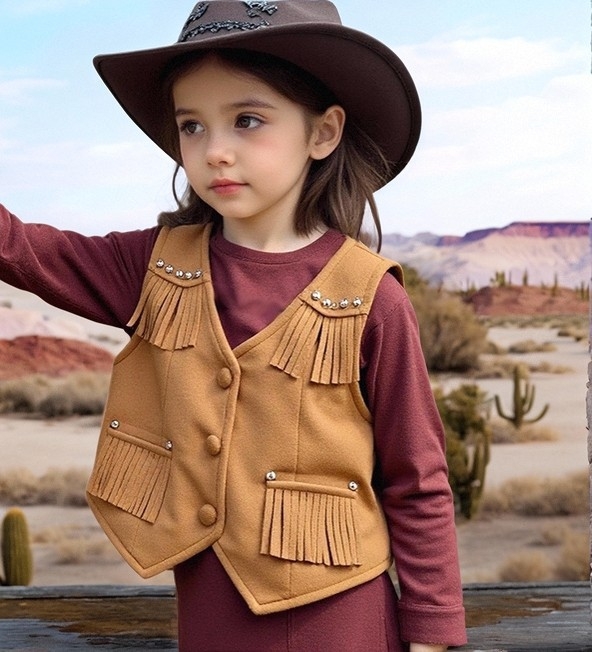 Dječja bezrukava veste u cardigan stilu, umjetnički etnički izgled, opuštena kroj, materijal 100% poliester, jednobojna