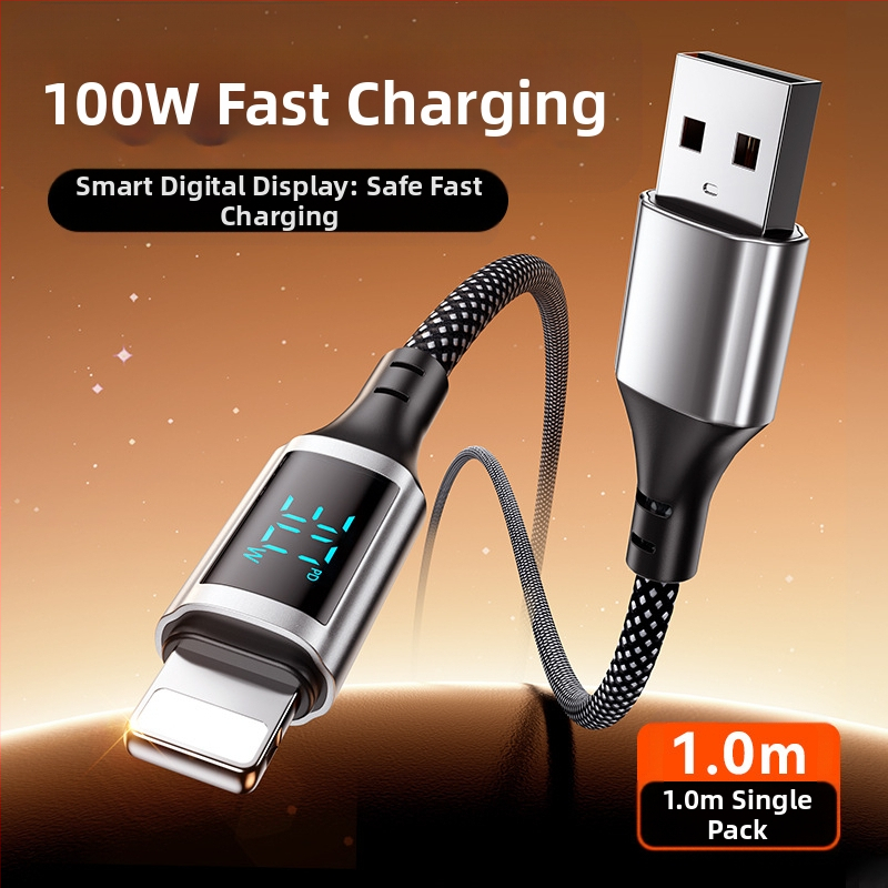 100W kábel s digitálnym displejom pre rýchle nabíjanie, Lightning a USB-C, hliníková zliatina