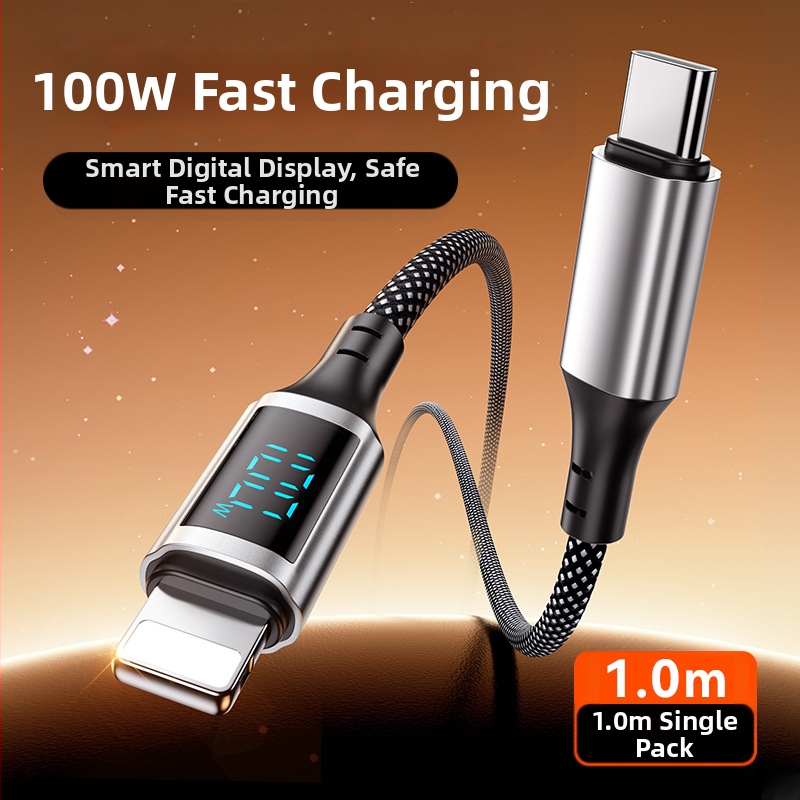 100W kábel s digitálnym displejom pre rýchle nabíjanie, Lightning a USB-C, hliníková zliatina