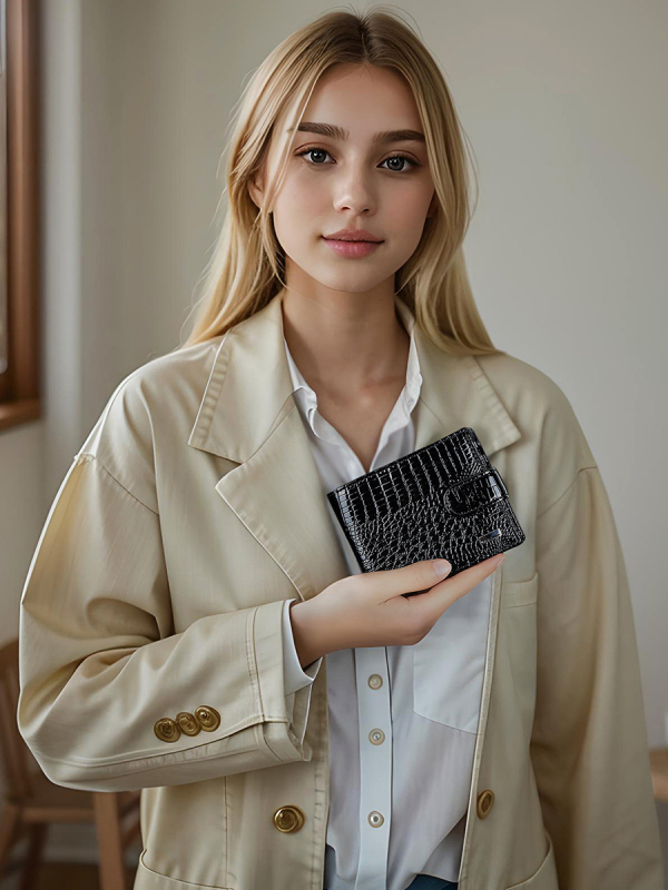 Peňaženka - Prvá vrstva hovädzej kože, karo vzor, mestský minimalistický štýl, podšívka z polyesteru a bavlny