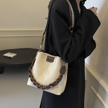 Geantă bucket din PU cu fermoar, crossbody cu curea simplă, căptușeală din piele sintetică, buzunare interioare: buzunar secret cu fermoar, buzunar pentru cameră